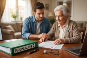 O persoană tânără oferă suport unei persoane în vârstă în timp ce analizează documente oficiale despre Pilonul 2 & 3, simbolizând protecția legatului familial în România.