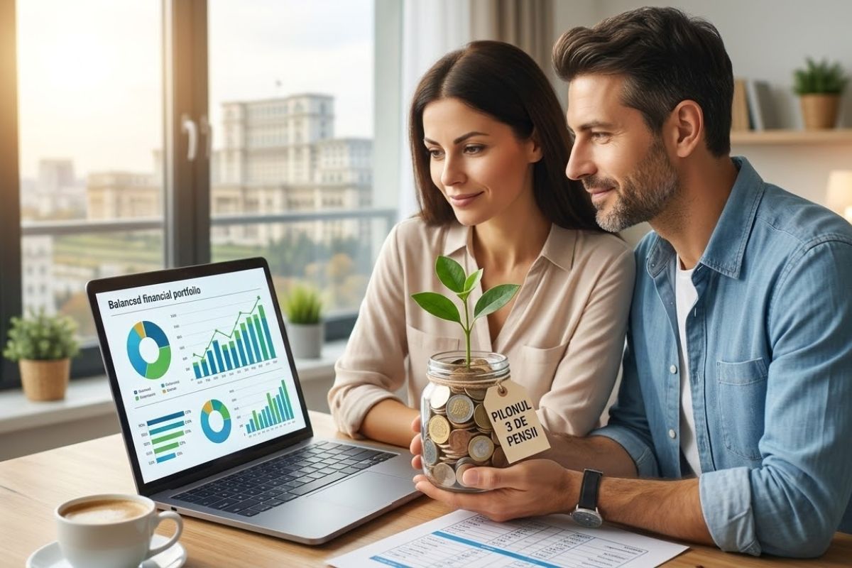 Cuplu tânăr în România planificând investiția în Pilonul 3 de pensii private facultative, cu grafice pe laptop și un borcan cu bani simbolizând creșterea.