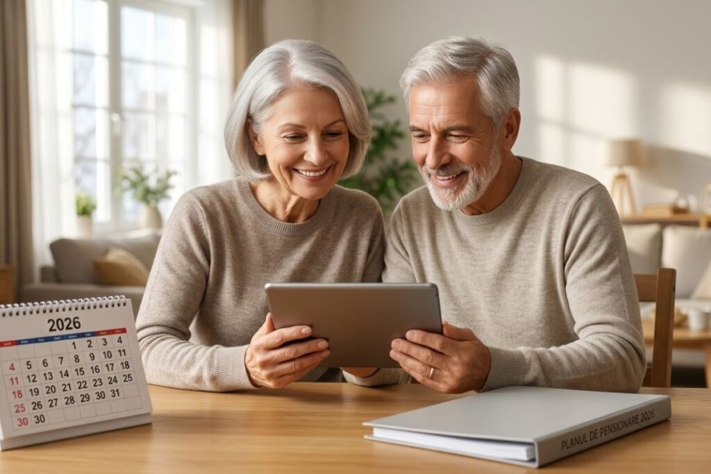 Cuplu în vârstă smiling in Romania, planificând pensionarea cu un calendar 2026 și o tabletă financiară, simbolizând securitatea financiară.