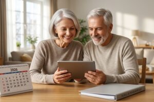Cuplu în vârstă smiling in Romania, planificând pensionarea cu un calendar 2026 și o tabletă financiară, simbolizând securitatea financiară.